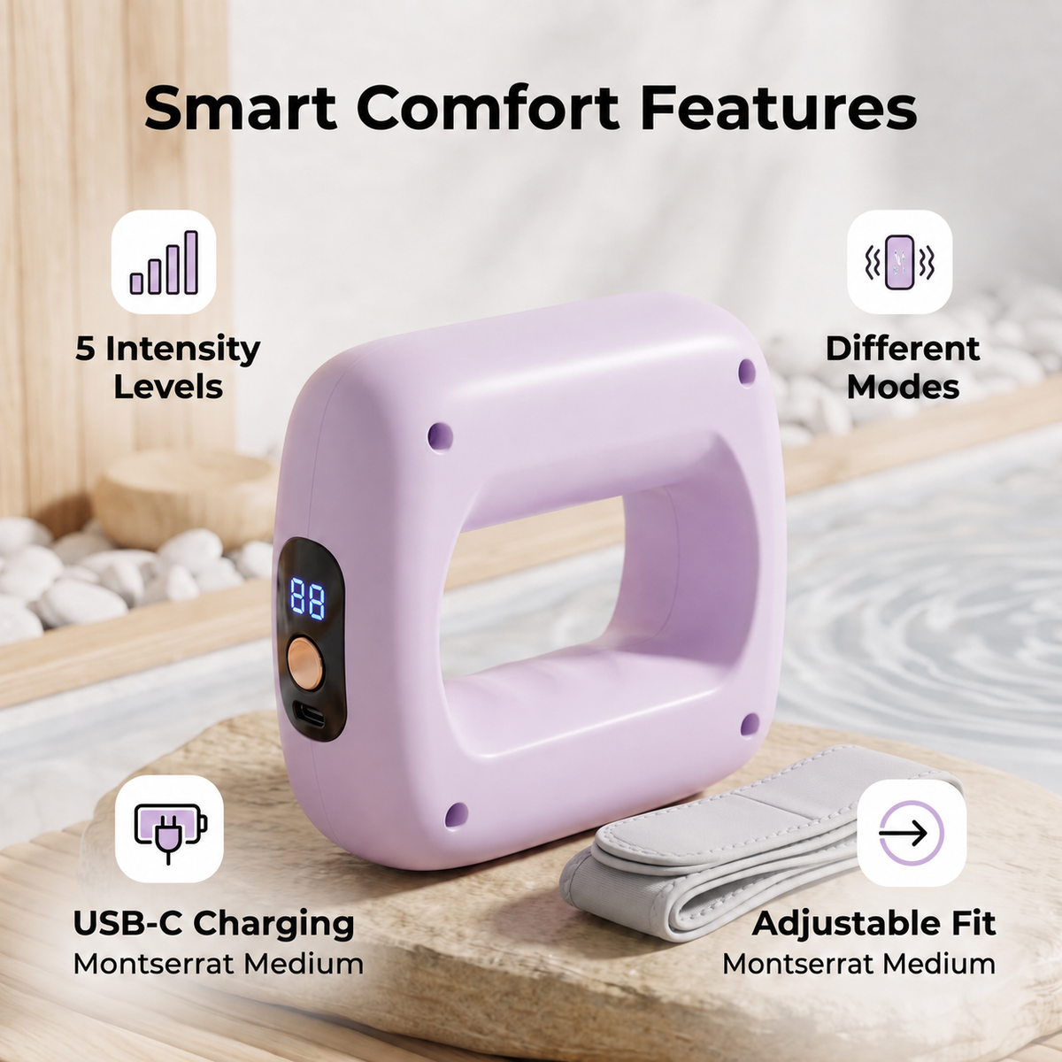 Rechargeable Vibration Massager with Adjustable Strap, 8 Adjustable Settings, LED Display & USB-C Charging