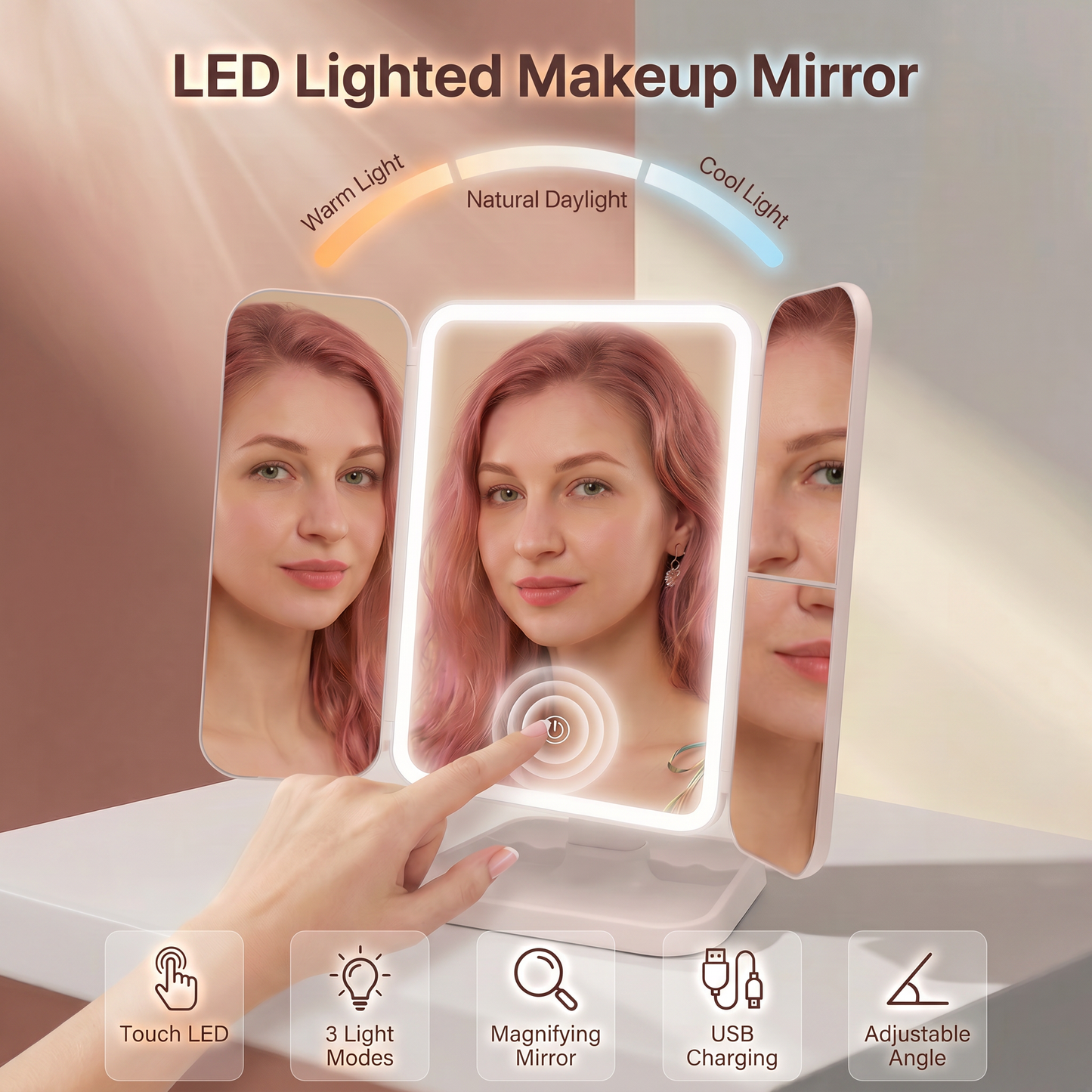Rechargeable LED Makeup Mirror with 3 Light Modes, 2X-3X Magnification and Folding Side Mirrors