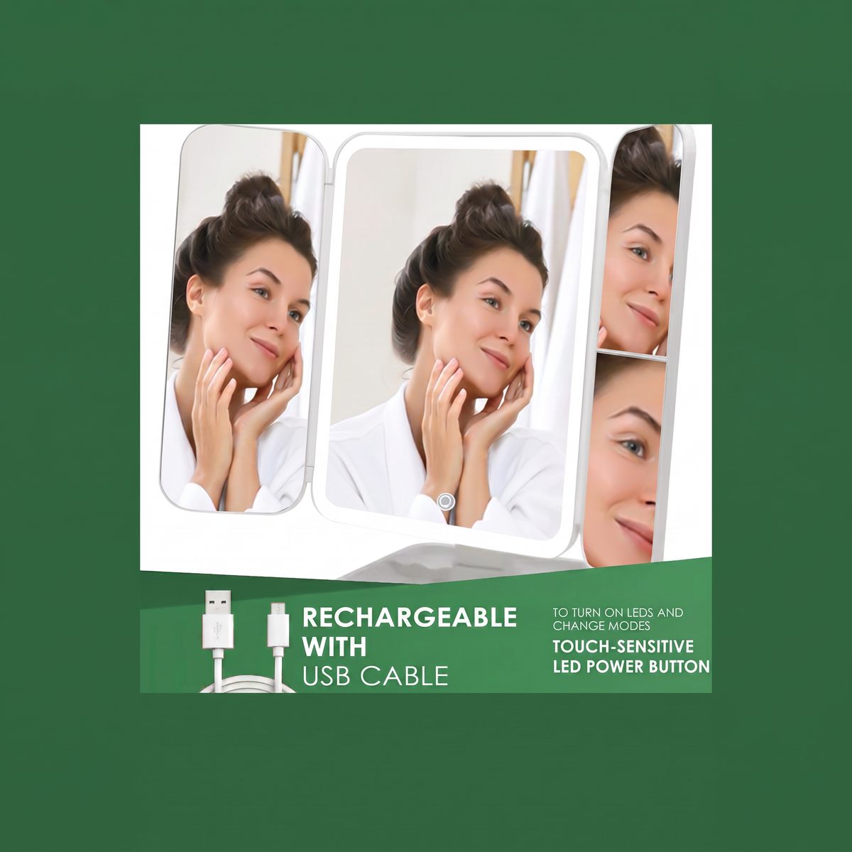 Rechargeable LED Makeup Mirror with 3 Light Modes, 2X-3X Magnification and Folding Side Mirrors