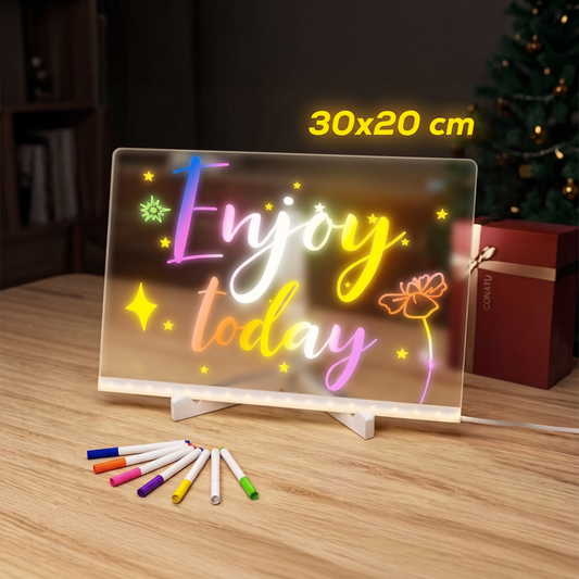 30 x 20 cm LED Acrylic Message Board with 7 Colour Pens, USB Light Up Drawing Board and Adjustable Stand