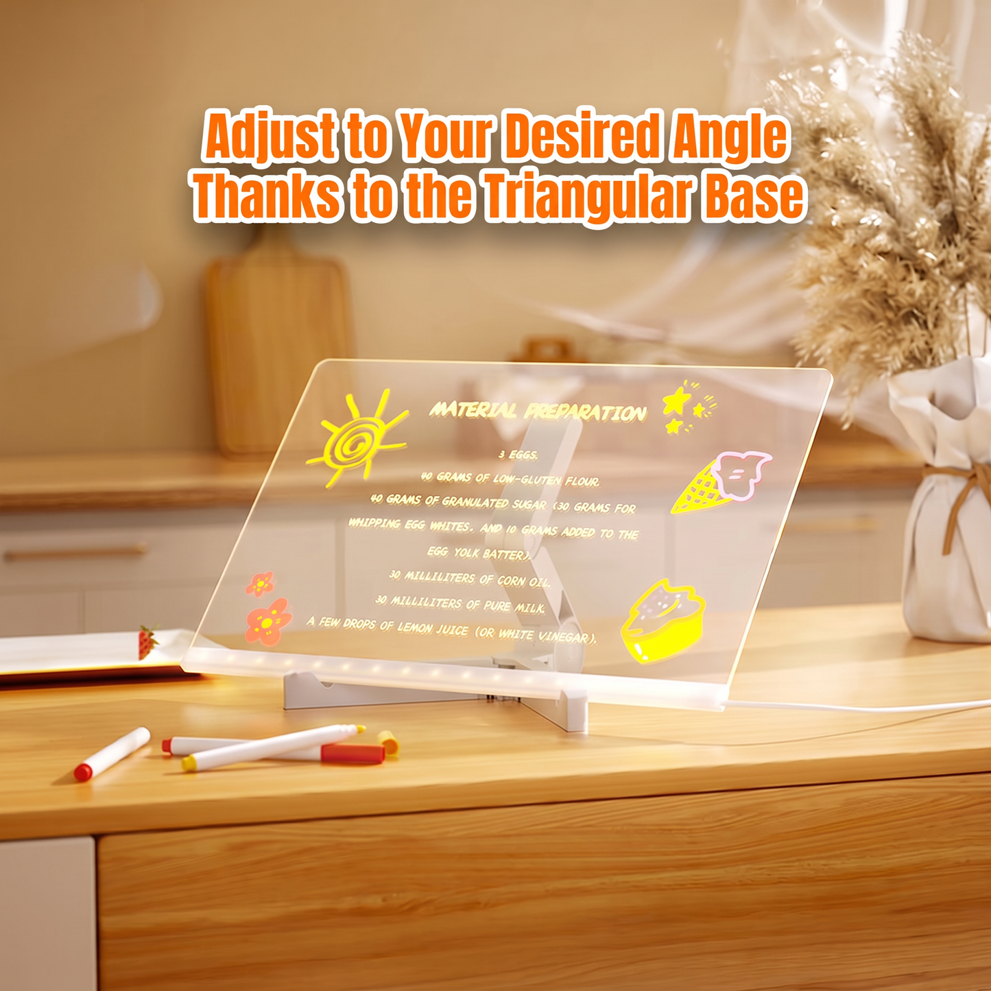 30 x 20 cm LED Acrylic Message Board with 7 Colour Pens, USB Light Up Drawing Board and Adjustable Stand