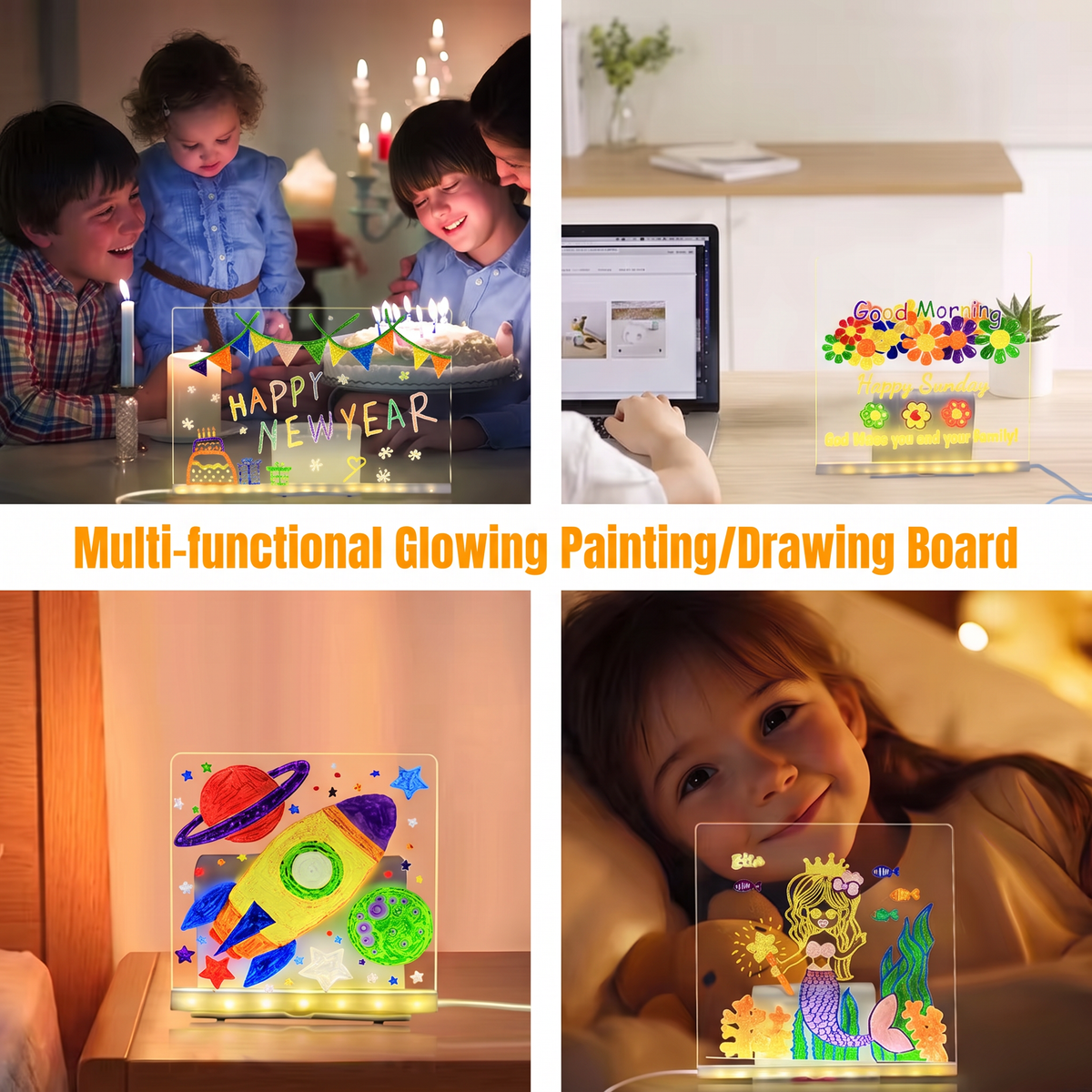 30 x 20 cm LED Acrylic Message Board with 7 Colour Pens, USB Light Up Drawing Board and Adjustable Stand