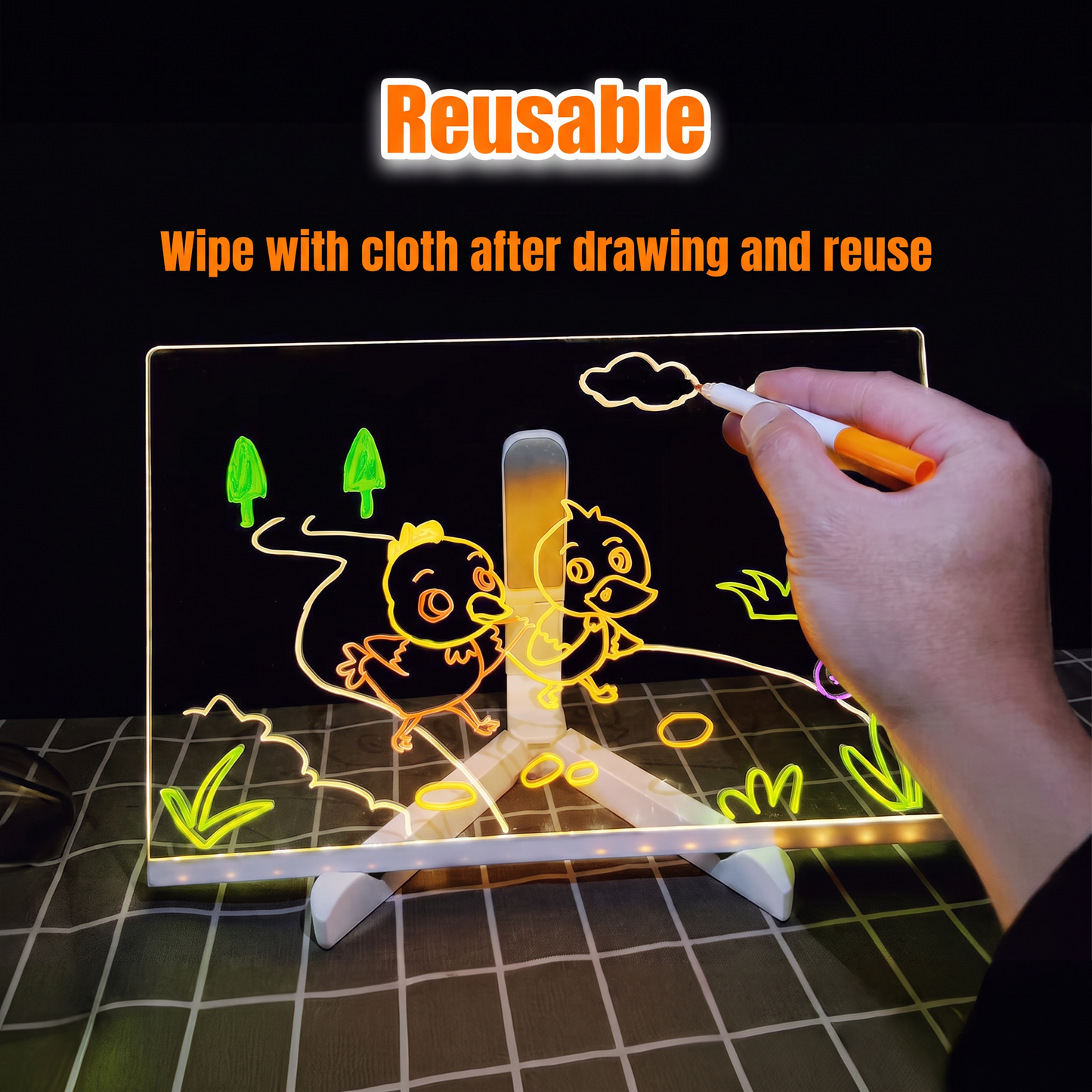 30 x 20 cm LED Acrylic Message Board with 7 Colour Pens, USB Light Up Drawing Board and Adjustable Stand
