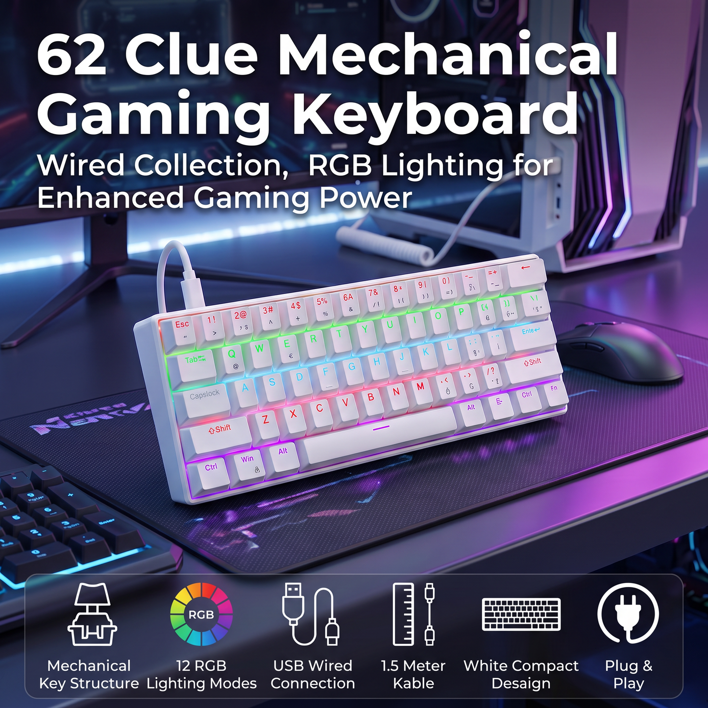 62-Key Mechanical Gaming Keyboard with 12 RGB Modes, Wired USB Compact Keyboard for PC and Laptop