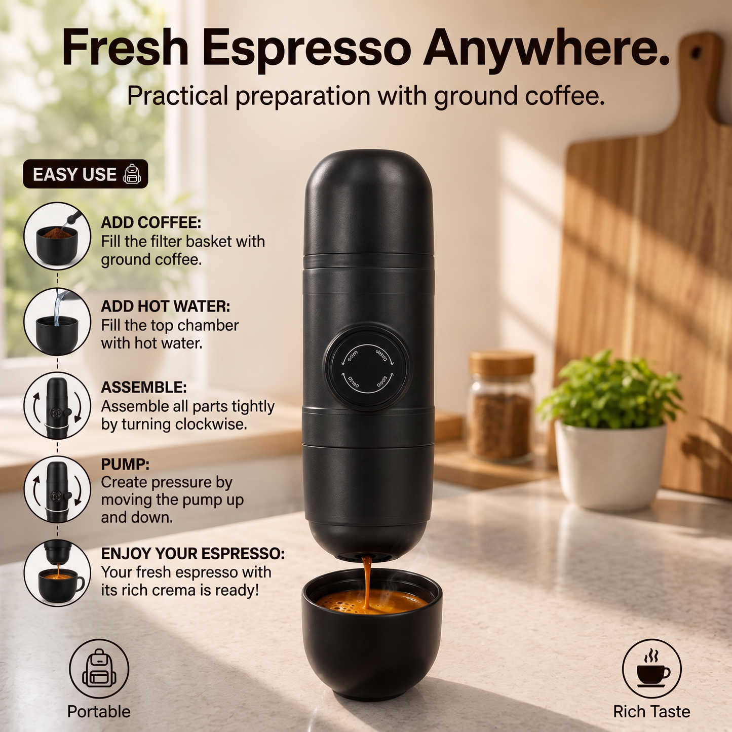 Portable Manual Espresso Maker, Compact Travel Coffee Maker for Home, Office and Travel