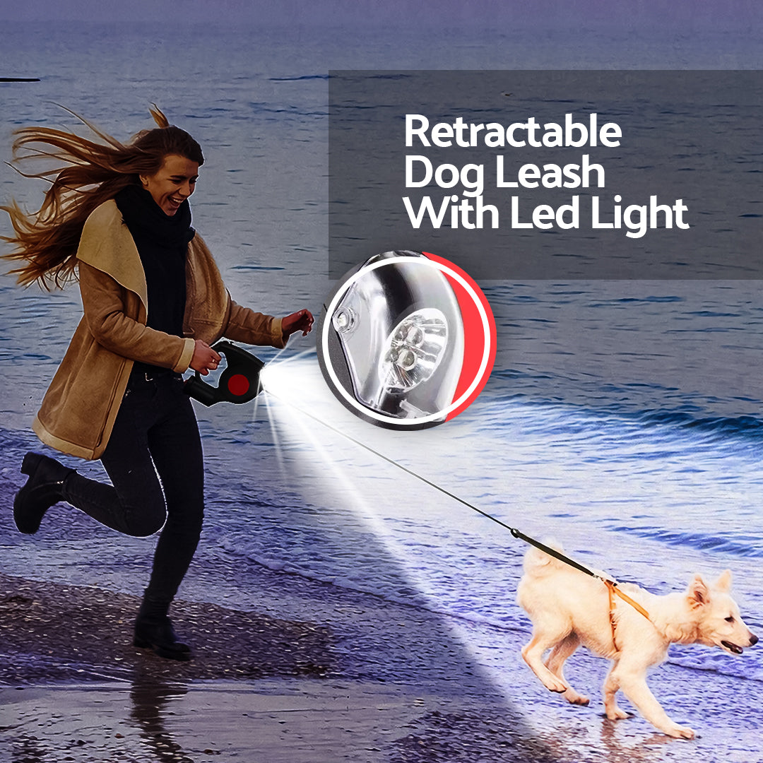 Retractable, Extendable Dog Leash With LED Flashlight & Waste Bag