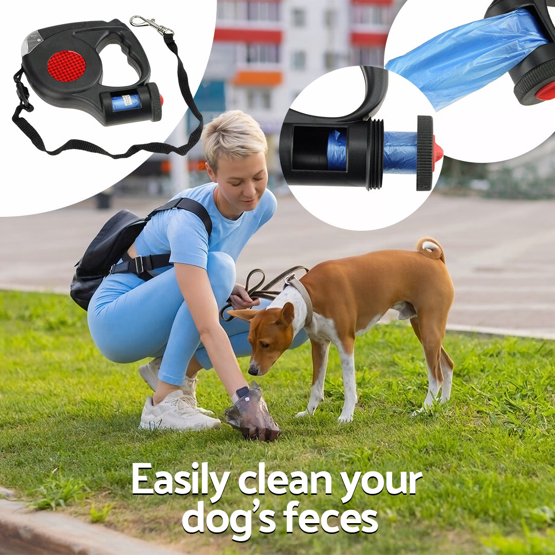 Retractable, Extendable Dog Leash With LED Flashlight & Waste Bag