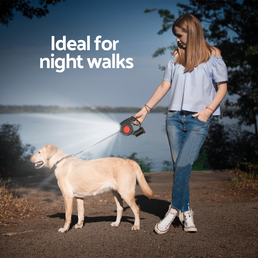 Retractable, Extendable Dog Leash With LED Flashlight & Waste Bag