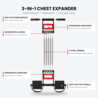 3-in-1 Chest Expander with 5 Removable Steel Springs – Adjustable Pedal Puller & Hand Grip Trainer for Full-Body Home Workouts