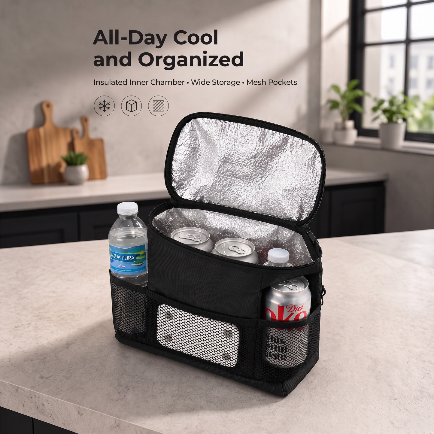 Portable Insulated Cooler Bag for Food and Drinks with Mesh Pockets