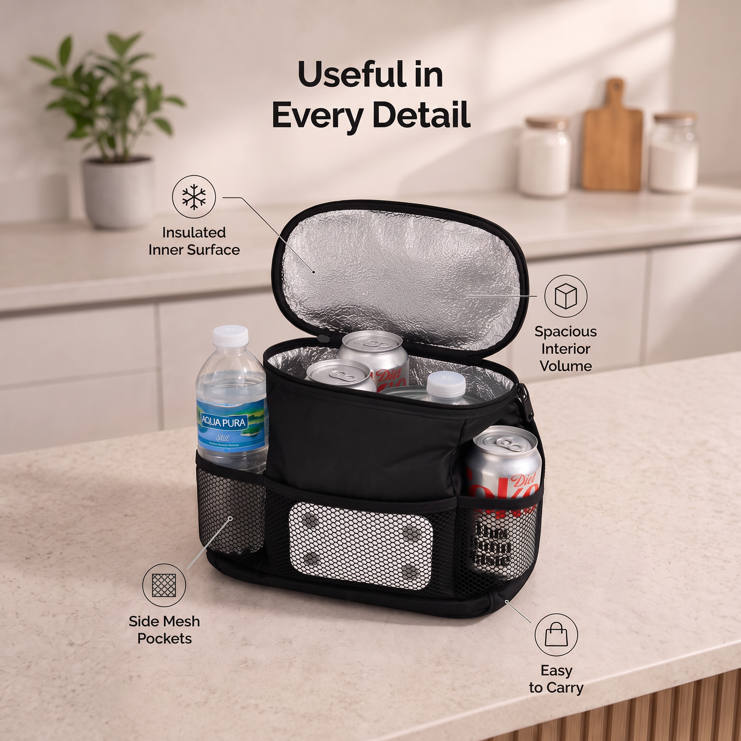 Portable Insulated Cooler Bag for Food and Drinks with Mesh Pockets