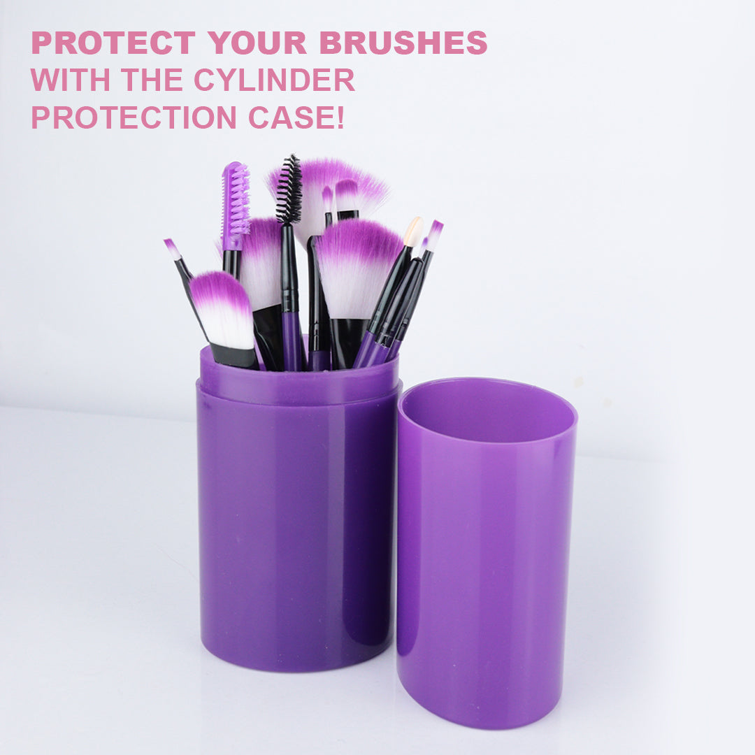 12 PCS Professional Makeup Brush Set with Cylinder Box (Purple)