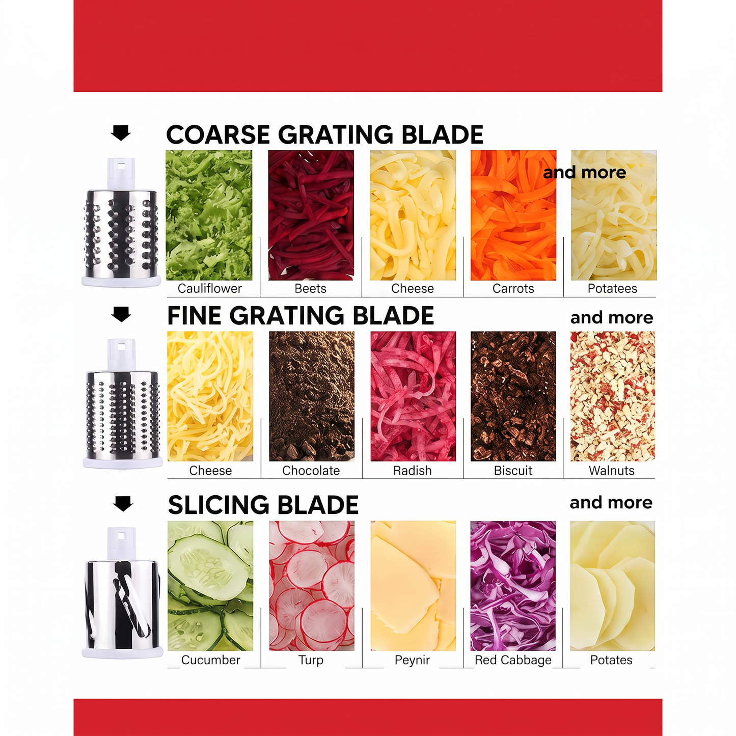 Manual Fruit & Vegetable Slicer Grater with 3 Attachments and Suction Base