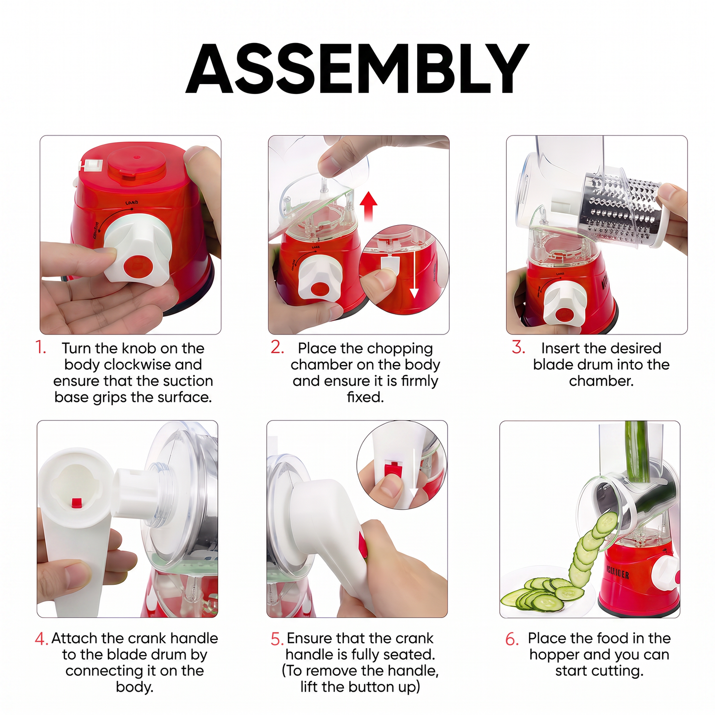 Manual Fruit & Vegetable Slicer Grater with 3 Attachments and Suction Base