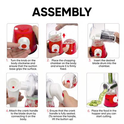 Manual Fruit & Vegetable Slicer Grater with 3 Attachments and Suction Base