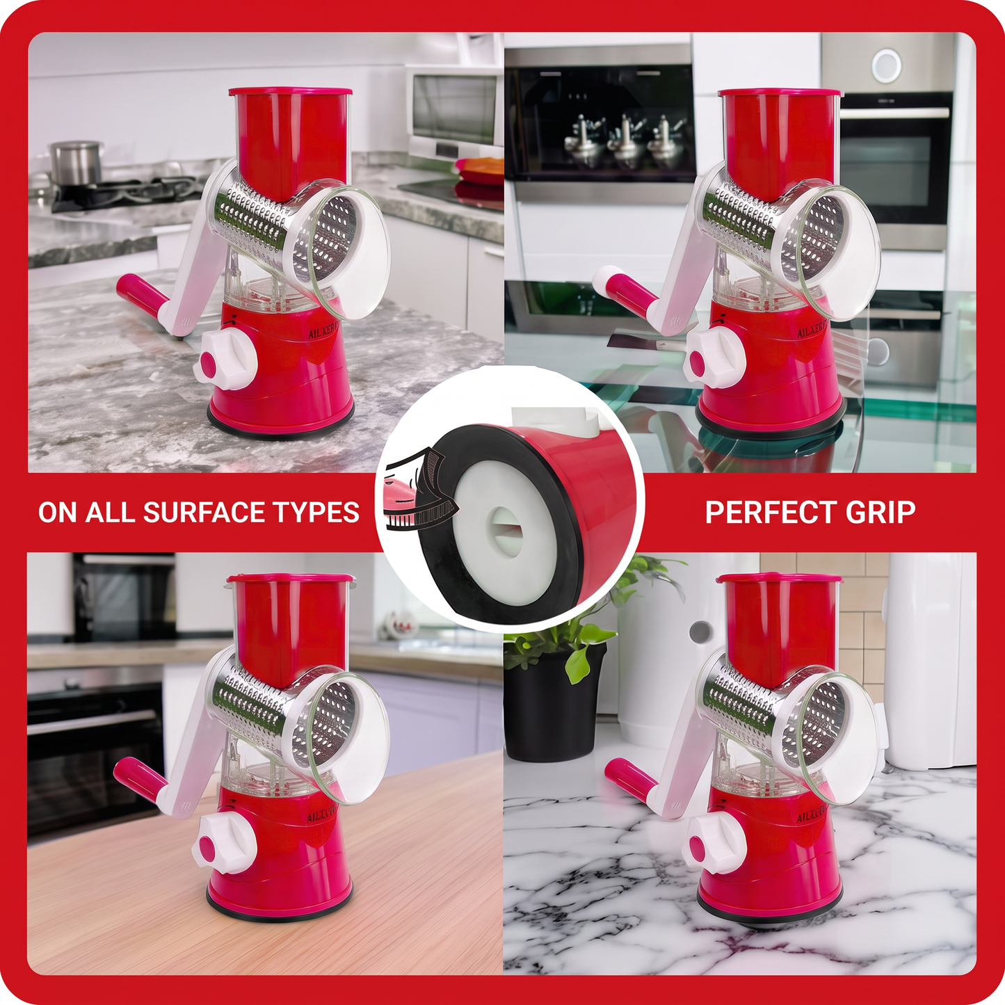 Manual Fruit & Vegetable Slicer Grater with 3 Attachments and Suction Base