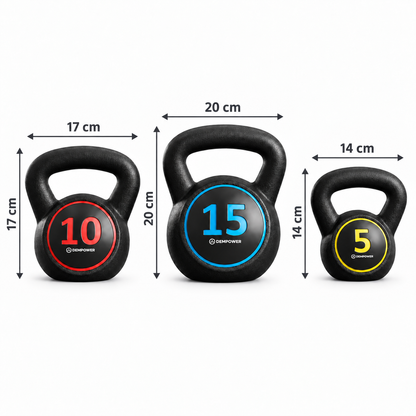 Kettlebell Set with Rack, 5lb / 10lb / 15lb (3-Piece Set), Ergonomic Grip, Home Workout Training Set
