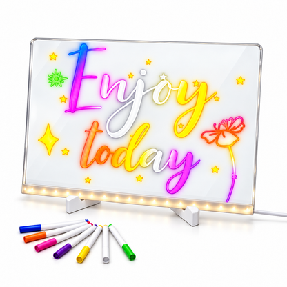 30 x 20 cm LED Acrylic Message Board with 7 Colour Pens, USB Light Up Drawing Board and Adjustable Stand