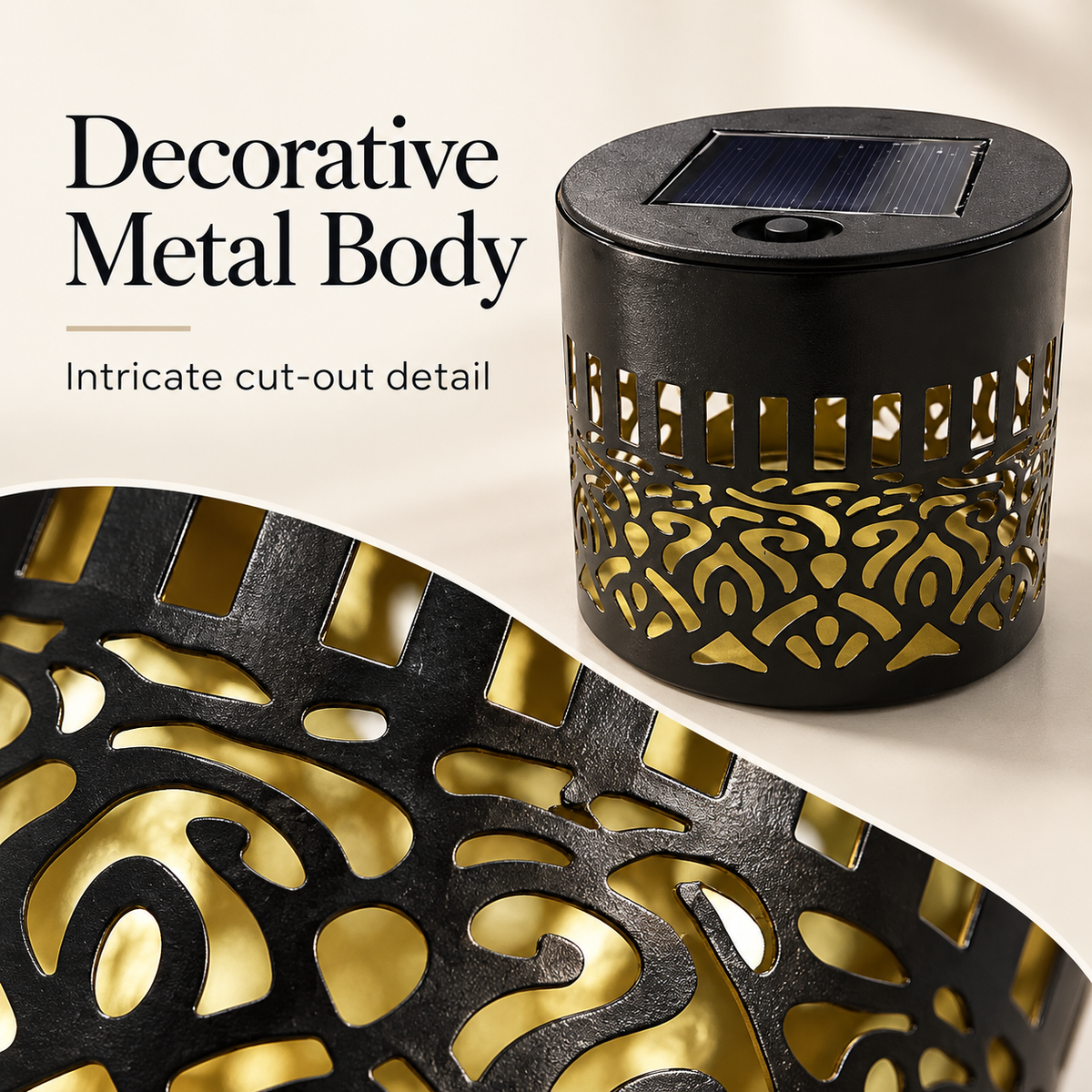 Decorative black metal body and cut-out detail