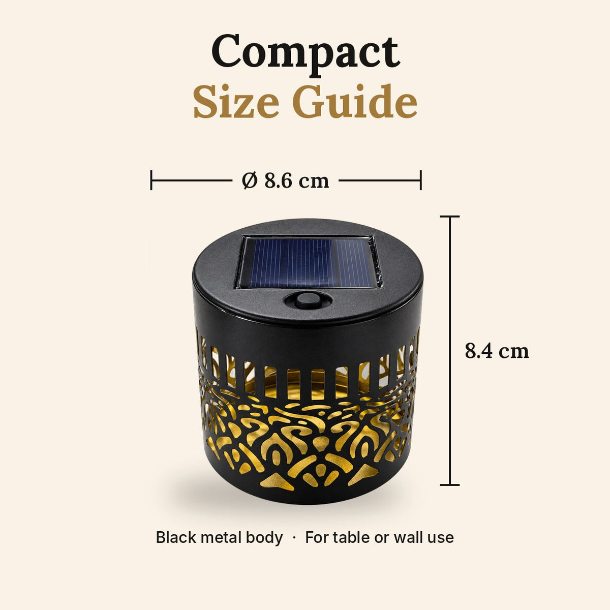 Solar wall light size guide – 8.6 cm diameter, 8.4 cm height