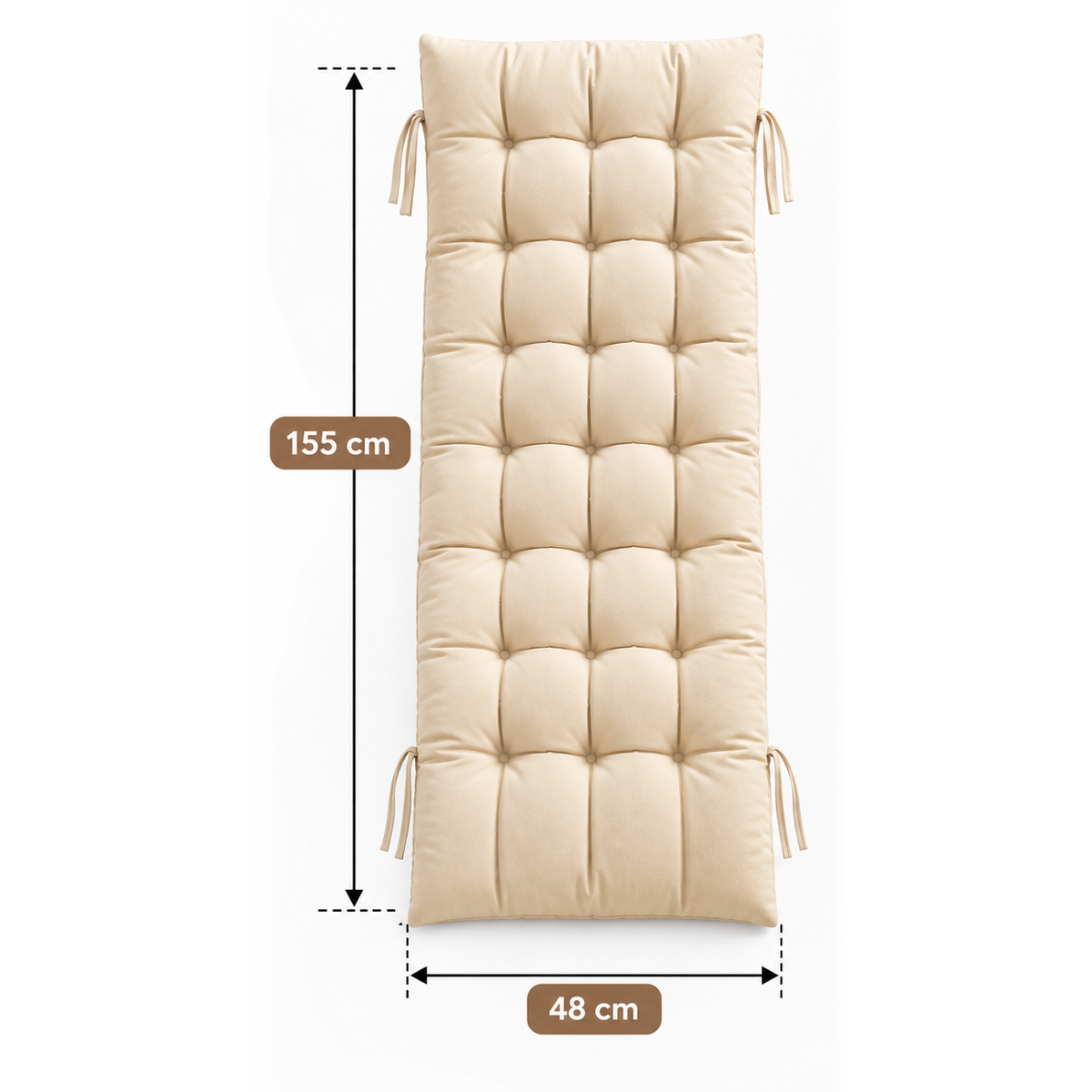 Beige Recliner Chair Cushion with Tie Straps – Soft Padded Full Length Fabric Seat Pad for Garden, Patio & Lounge Chairs 155*48 CM