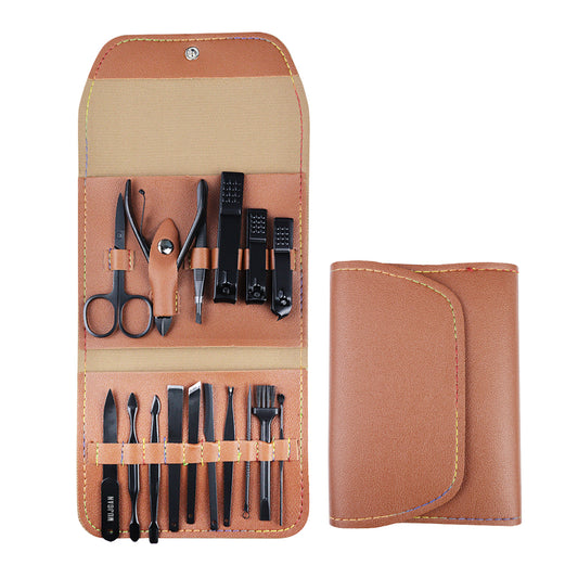 16 PCS Stainless Steel Nail Care Tools With Travel Leather Case (Brown)